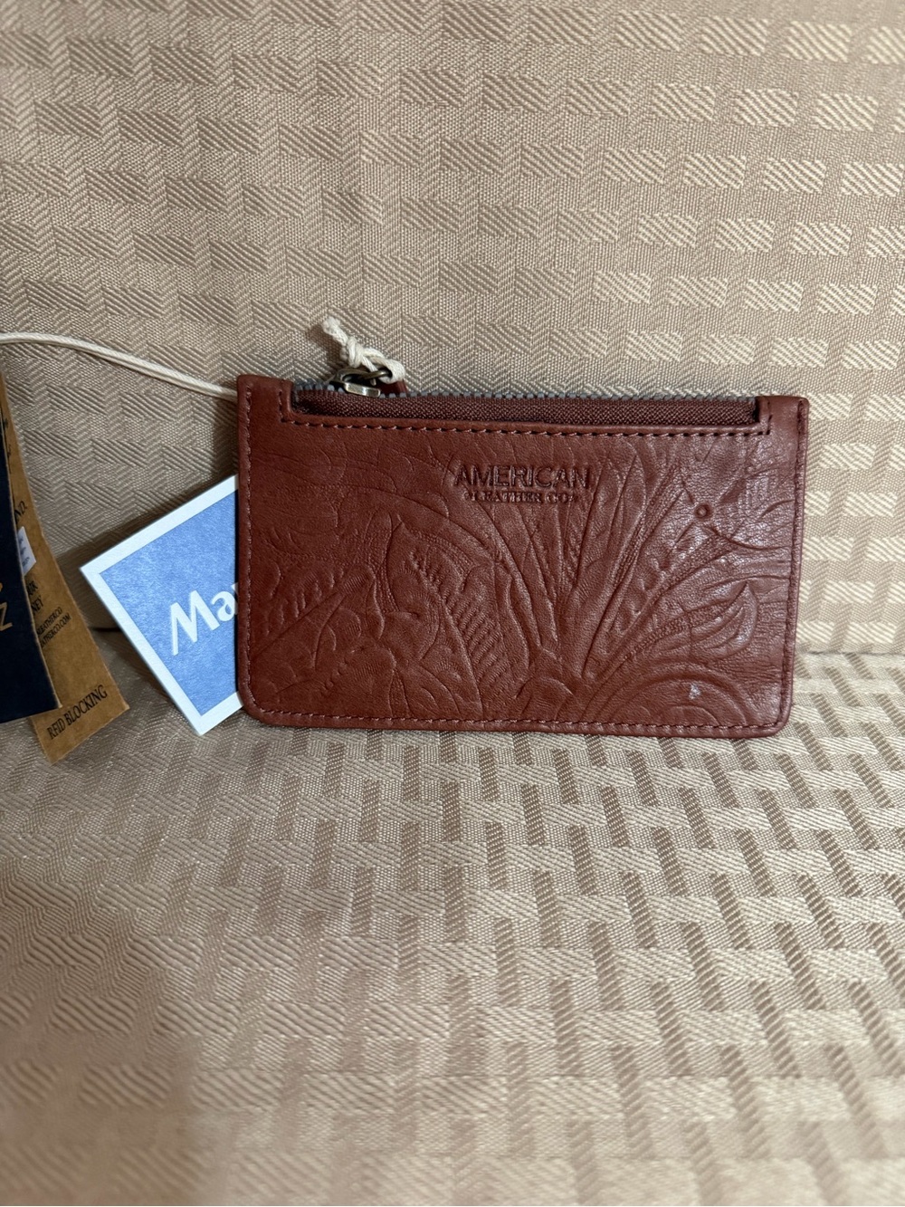 Brown Embossed Leather Zip Card Wallet